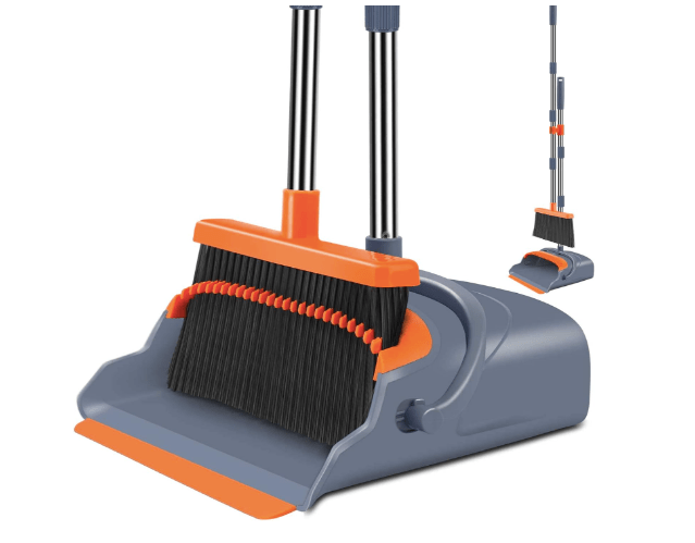 A gray and orange broom and dustpan set featuring a self-cleaning mechanism with dustpan teeth, designed for indoor and outdoor use.