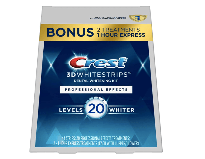 Crest 3D Whitestrips Professional Effects teeth whitening kit packaging, featuring bold branding and information about the product's benefit.
