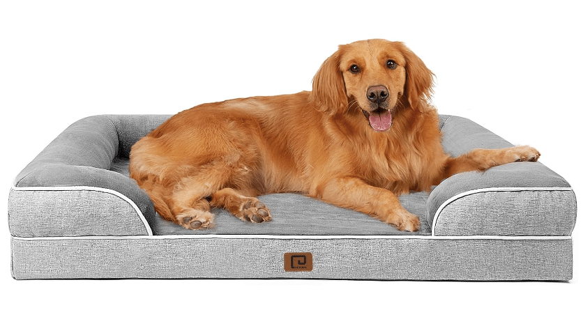 A golden retriever comfortably lying on a gray orthopedic dog bed with sides.