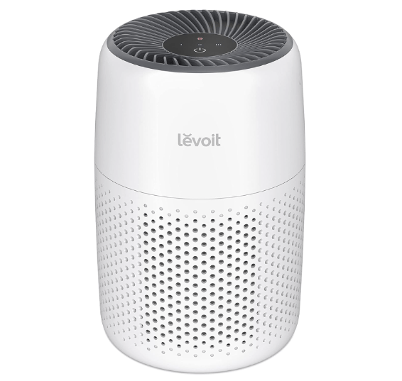 LEVOIT Air Purifier for Bedroom in white with a circular top featuring controls. Portable design suitable for home and office use.