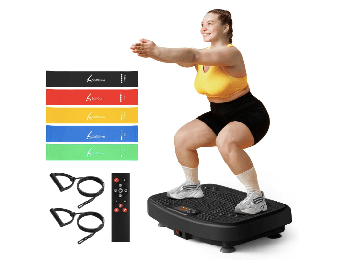 A woman performing a squat on a vibration plate exercise machine, surrounded by colorful resistance bands and exercise accessories.