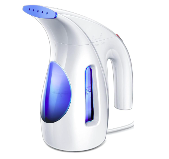 A portable handheld garment steamer with a white body and blue accents, featuring a water tank and a nozzle designed for steaming clothes.