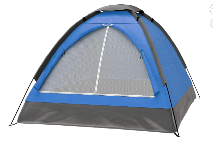 A lightweight blue camping tent with a mesh front and a rain fly, suitable for outdoor activities like backpacking and hiking.