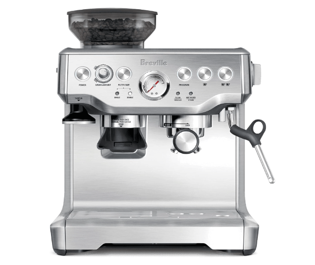 Breville Barista Pro Espresso Machine in brushed stainless steel, featuring a built-in grinder and various control knobs.