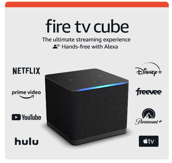 Image of Amazon Fire TV Cube featuring hands-free Alexa streaming with logos of supported services like Netflix, Disney+, Prime Video, YouTube, Hulu, Freevee, Paramount+, and Apple TV.