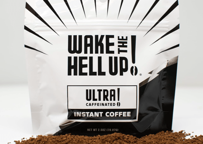 A package of Wake the Hell Up Ultra-Caffeinated Instant Coffee, featuring bold black and white design with the text 'WAKE THE HELL UP!' and 'ULTRA! CAFFEINATED INSTANT COFFEE'.