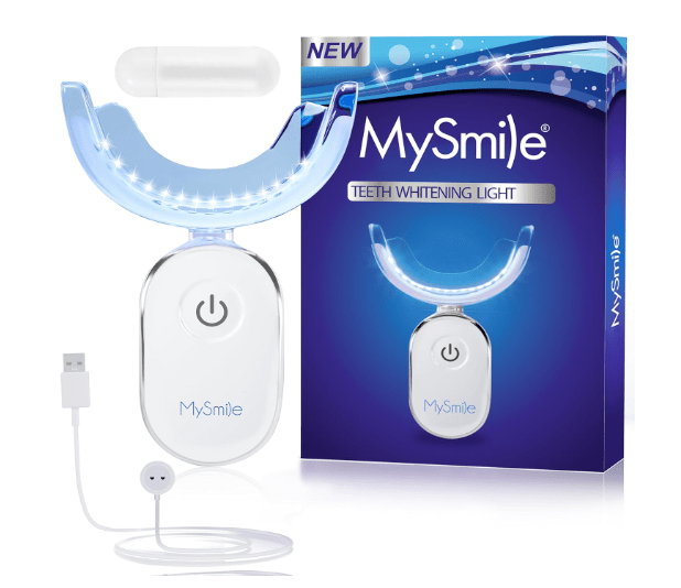 MySmile Teeth Whitening Light device with a blue LED light and USB charging capability, packaged with a purple box displaying the product name.