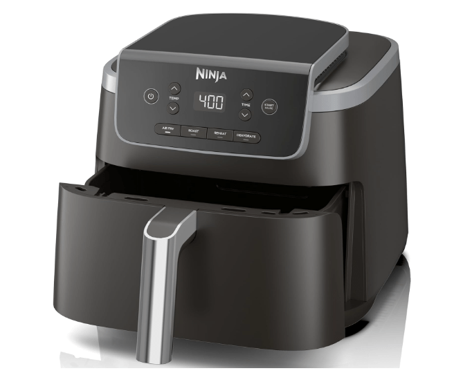 Ninja Air Fryer Pro 4-in-1 with a sleek design and digital display, featuring a nonstick basket and crisper plate.