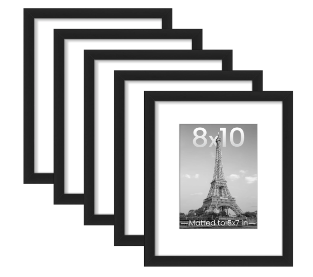 Set of five black picture frames, displaying one frame with a placeholder image of the Eiffel Tower and dimensions labeled as '8x10' matted to '5x7 in'.