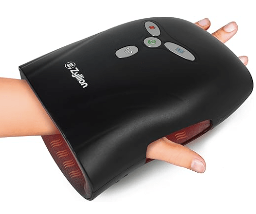 Zyllion Hand Massager with Heat designed for arthritis and carpal tunnel relief, featuring a sleek black exterior and controls on the front.