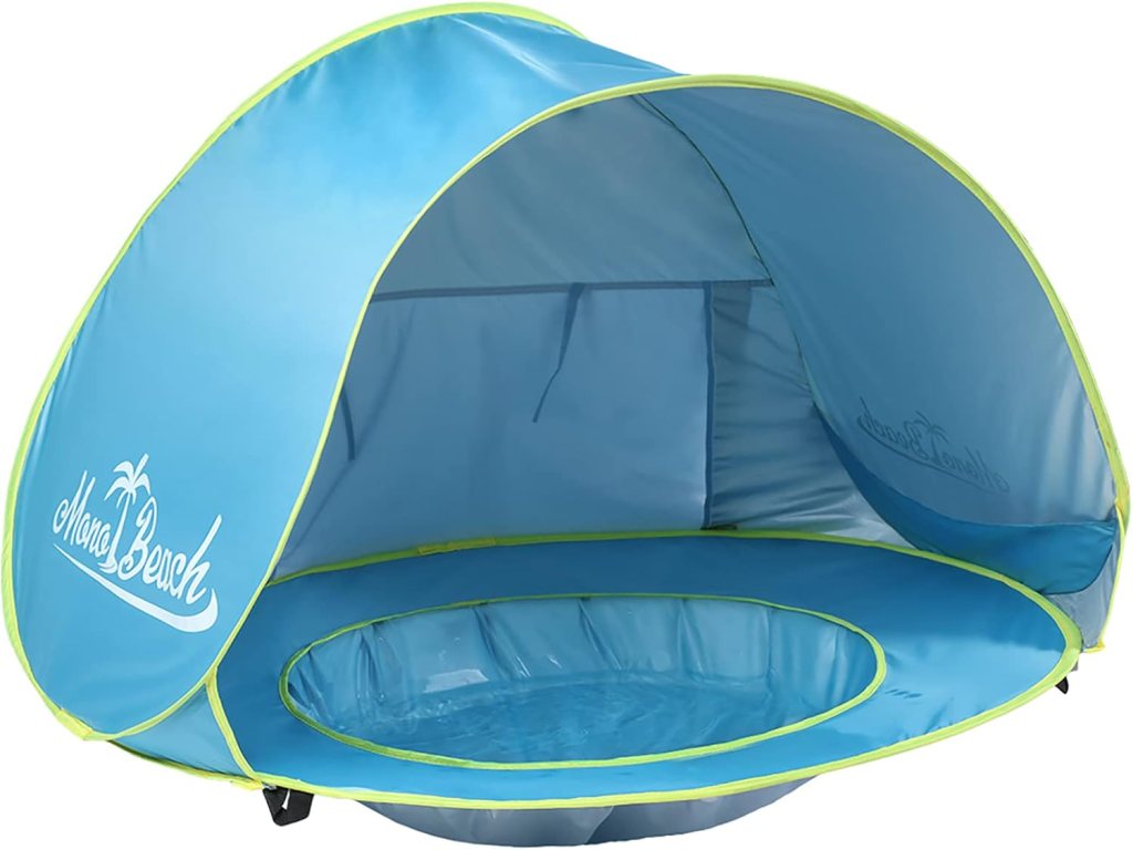 A Monobeach Baby Beach Tent featuring a blue exterior with lime green accents, designed for infant UV protection and shade, including a circular pool area.