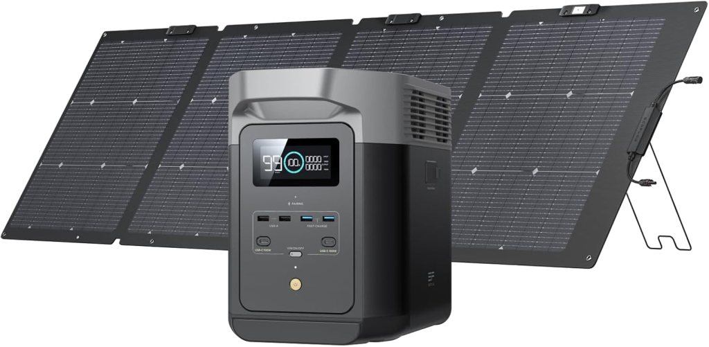A portable solar generator with digital display next to a foldable solar panel, designed for outdoor power supply and home backup.