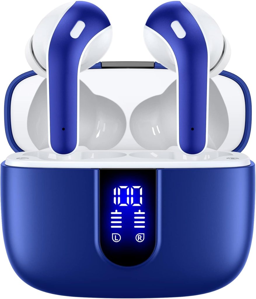 Close-up of TAGRY Bluetooth True Wireless Earbuds in a blue charging case, showing LED power display and earbuds positioned inside.