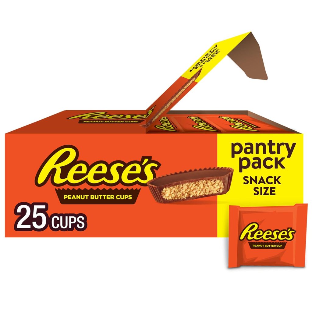 A pantry pack of REESE'S Milk Chocolate Peanut Butter Cups, containing 25 snack-sized cups, with an open box revealing the cups inside.