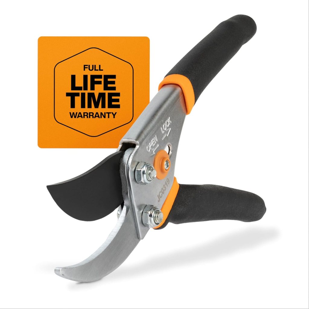 A pair of Fiskars bypass pruning shears with a sharp, rust-resistant steel blade, featuring a full lifetime warranty label in the background.