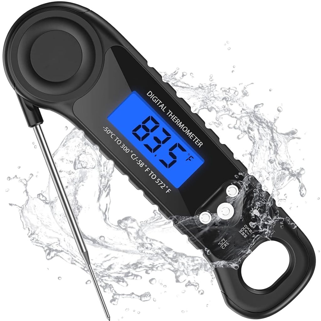 Digital meat thermometer displaying a temperature of 83.5°F with a waterproof design.