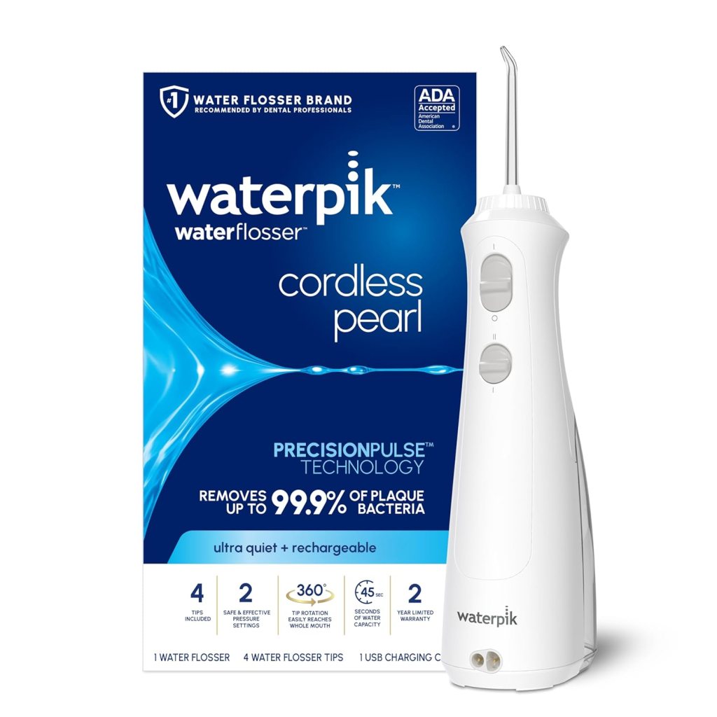 Waterpik Cordless Pearl rechargeable water flosser with packaging, highlighting its plaque removal capabilities and ADA acceptance.