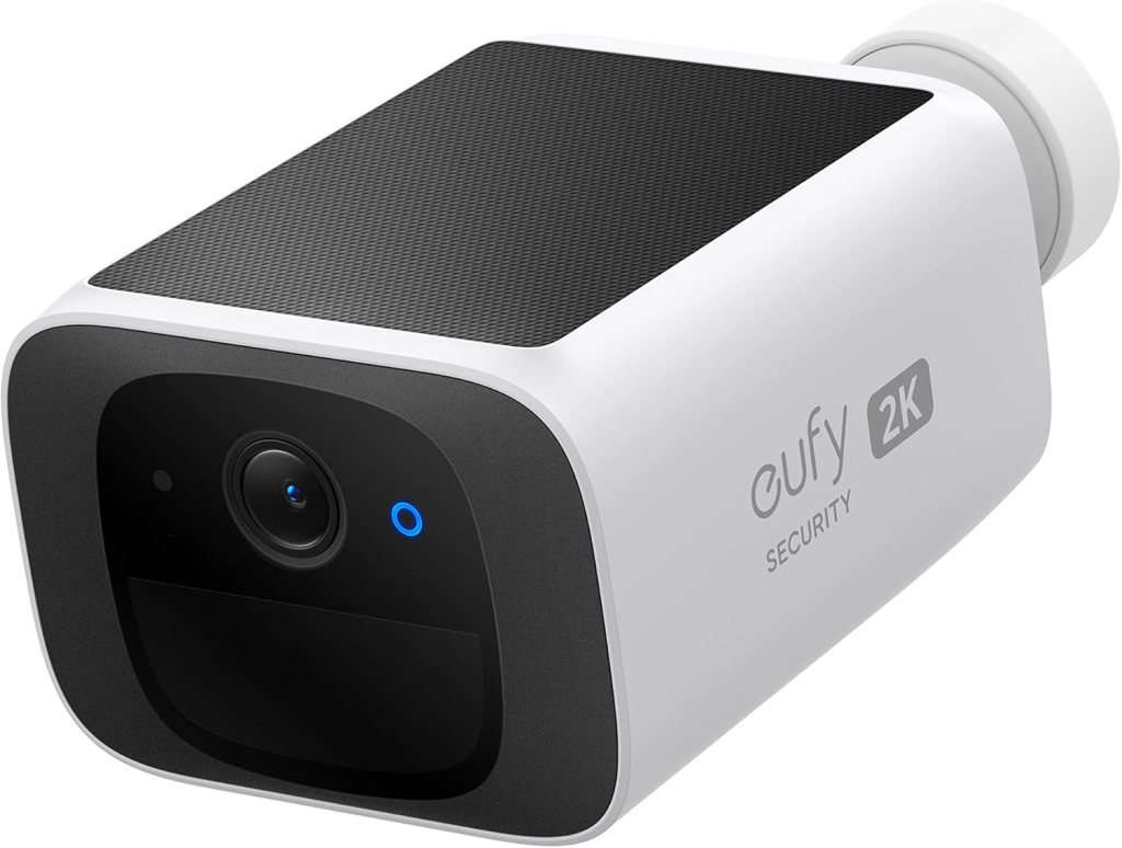 Close-up view of the eufy Security SoloCam S220, a wireless outdoor security camera with a sleek design, featuring a black camera lens, blue indicator light, and the eufy logo.
