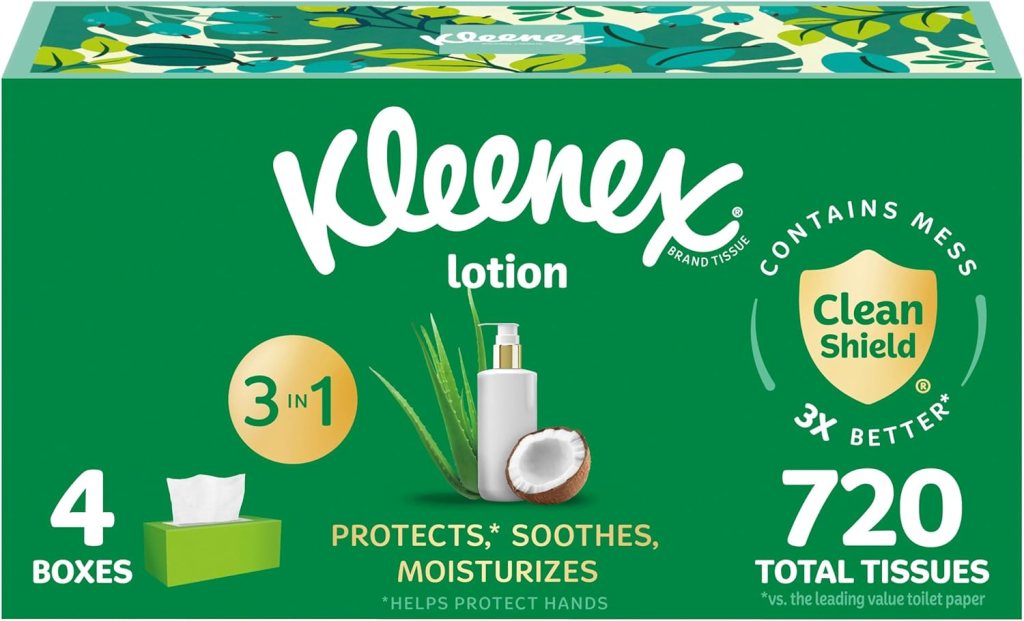 Kleenex Lotion Facial Tissues packaging featuring 4 flat boxes with a total of 720 tissues, highlights coconut oil and moisturizing benefits.