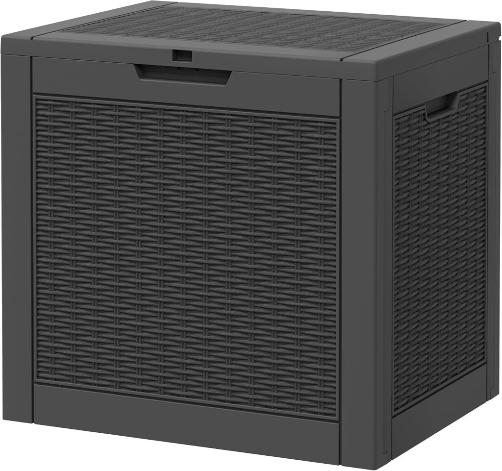Gray outdoor storage box with a wicker design, featuring a lockable lid, suitable for garden tools and patio accessories.