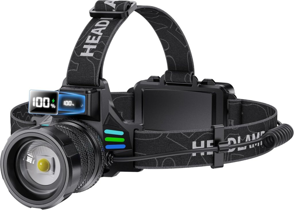 Rechargeable LED headlamp featuring a digital display, adjustable strap, and tactical design, ideal for camping and outdoor activities.
