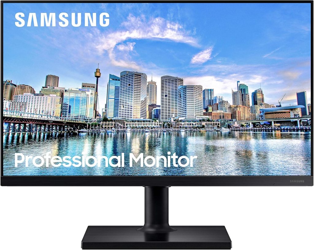 Samsung 27-Inch FHD computer monitor displaying a city skyline over water, featuring a professional design.
