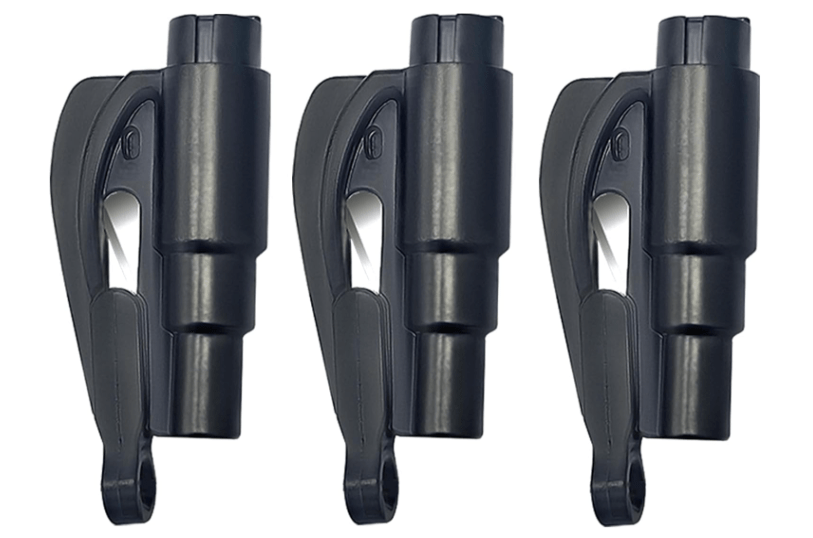 Three black emergency keychain car escape tools featuring a seatbelt cutter and window breaker.