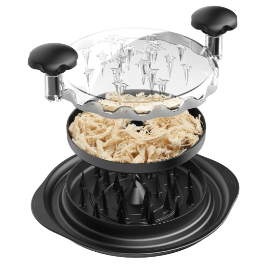 A chicken shredder tool featuring a clear top plate with sharp spikes and a black base holding shredded chicken, designed for easy meat shredding.