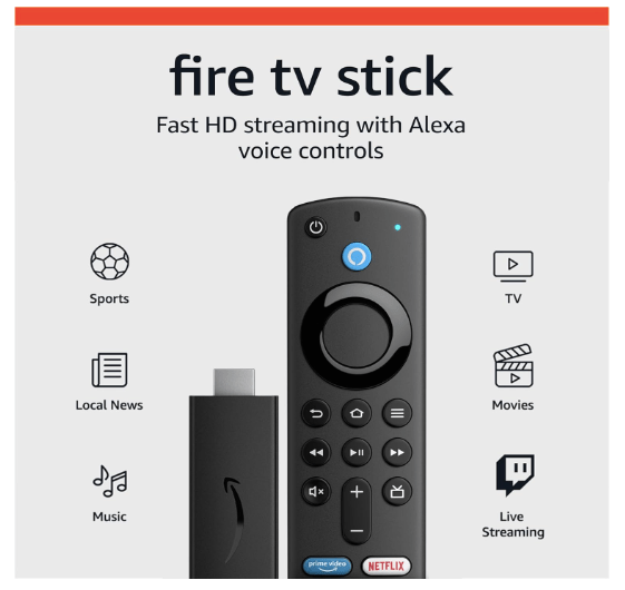 Image of an Amazon Fire TV Stick with a remote, highlighting features like fast HD streaming, Alexa voice controls, and icons for sports, local news, music, TV, movies, and live streaming.