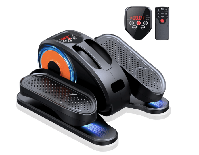 Under desk elliptical machine with a remote control, designed for quiet use and featuring two adjustable pedal speeds.