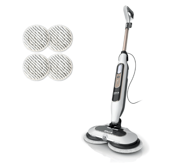 A Shark Steam & Scrub All-in-One Hard Floor Steam Mop with three steam modes and LED headlights, accompanied by four cleaning pads.