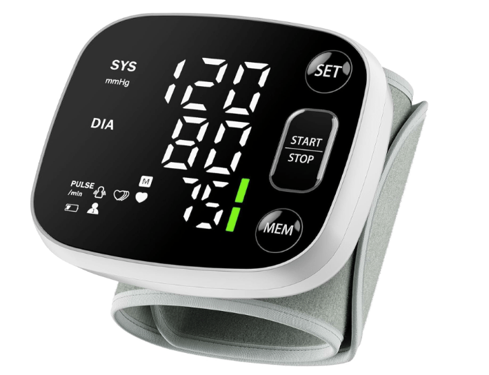 Digital wrist blood pressure monitor displaying systolic and diastolic readings with an LED backlit display.