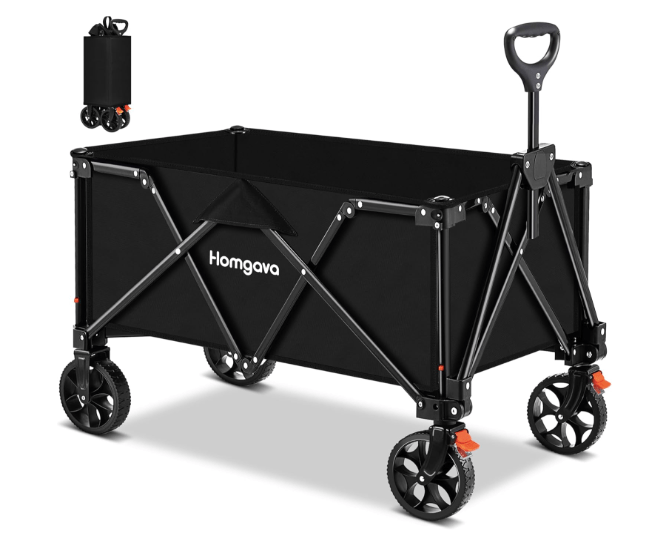 Collapsible black folding wagon with wheels, featuring a sturdy frame and handle, designed for outdoor activities like grocery shopping and beach trips.