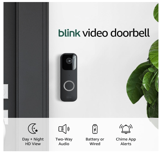 Blink video doorbell mounted on a wall, featuring a camera and circular button, accompanied by icons indicating day and night HD view, two-way audio, battery or wired options, and chime app alerts.