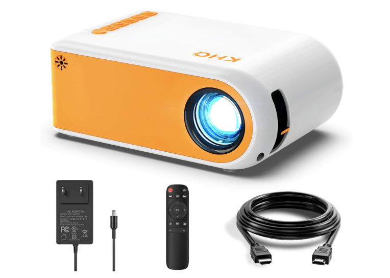 KHQ Full HD mini projector with a compact design, orange accents, remote control, power adapter, and cables for connectivity.