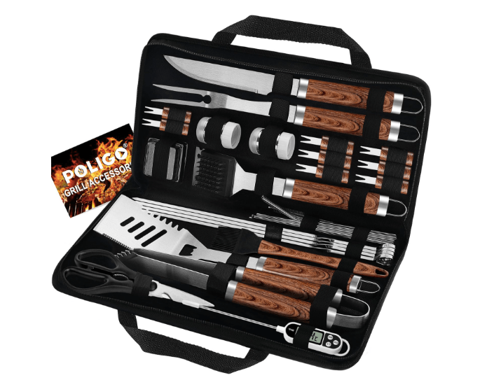 A set of stainless steel BBQ grill accessories arranged inside a black storage case, featuring various tools such as a spatula, tongs, grilling forks, a knife, and a meat thermometer, with a POLIGO logo in the upper corner.