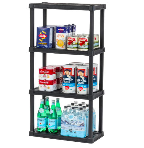 4-shelf heavy duty plastic storage shelving unit with various food and drink items organized on each shelf.