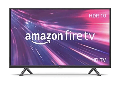 Amazon Fire TV 32" 2-Series with HDR 10 display, featuring the Fire TV logo against a colorful background.