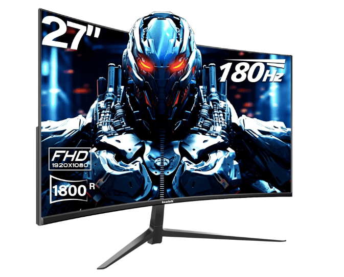 27-inch curved gaming monitor featuring a futuristic design with a robot character, displaying specifications such as 180Hz refresh rate and Full HD 1080P resolution.