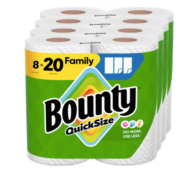 Pack of Bounty Quick Size Paper Towels, featuring 8 Family Rolls that equal 20 Regular Rolls, with colorful packaging.