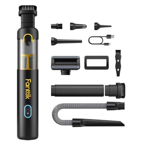 A Fanttik V8 Apex Car Vacuum and its accessories, including various nozzle attachments and a charging cable, arranged neatly on a white background.