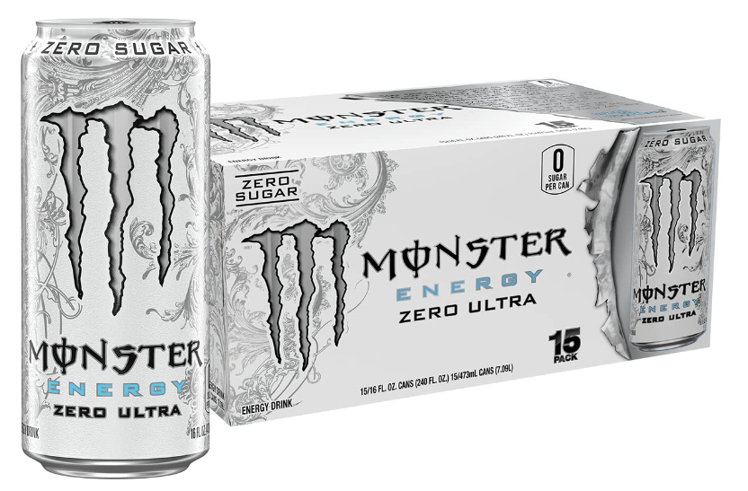 Pack of 15 Monster Energy Zero Ultra cans, featuring a silver design with zero sugar label.