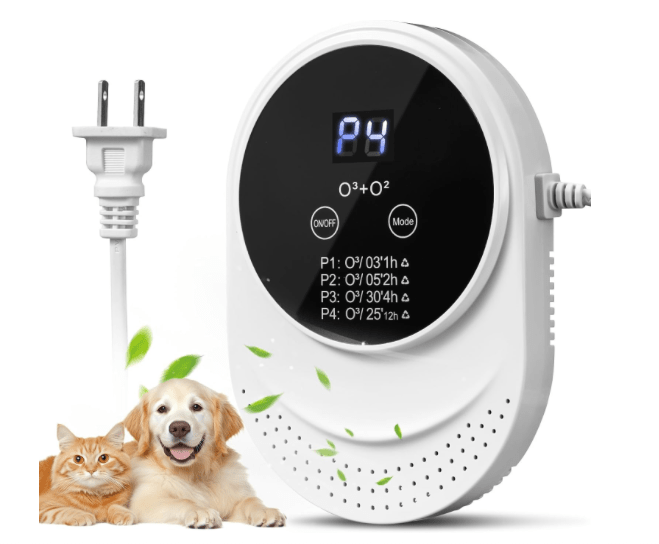 A portable air purifier designed to eliminate pet odors, featuring a digital display and multiple timing modes, with images of a cat and dog in the foreground.