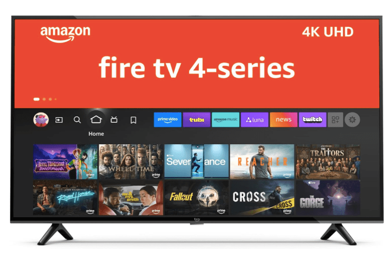 Amazon Fire TV 4-Series smart TV showcasing the home screen with various streaming options, displaying 4K UHD resolution.