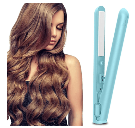 A close-up of a woman with long, wavy hair alongside a blue 2-in-1 curling iron and hair straightener.