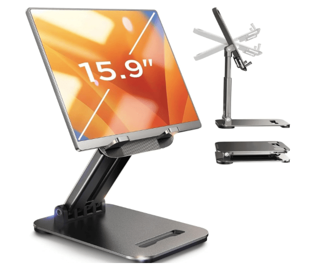 Foldable tablet stand displaying a screen size of 15.9 inches, designed for use with various devices like iPads and monitors.
