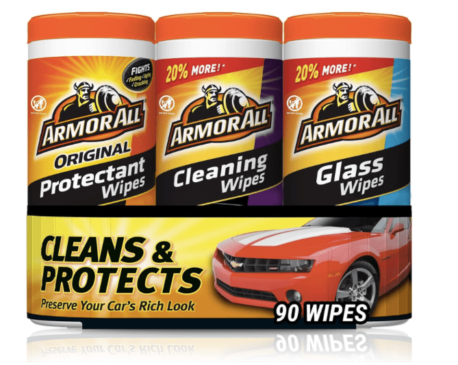 Image of Armor All cleaning product set featuring three containers: Original Protectant Wipes, Cleaning Wipes, and Glass Wipes, with a graphic stating 'Cleans & Protects' and displaying a red car.