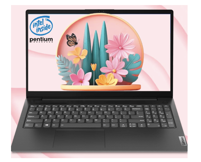 A Lenovo V15 Business Laptop featuring an Intel Pentium N6000 processor, displaying a vibrant floral graphic on the screen with a pink background.