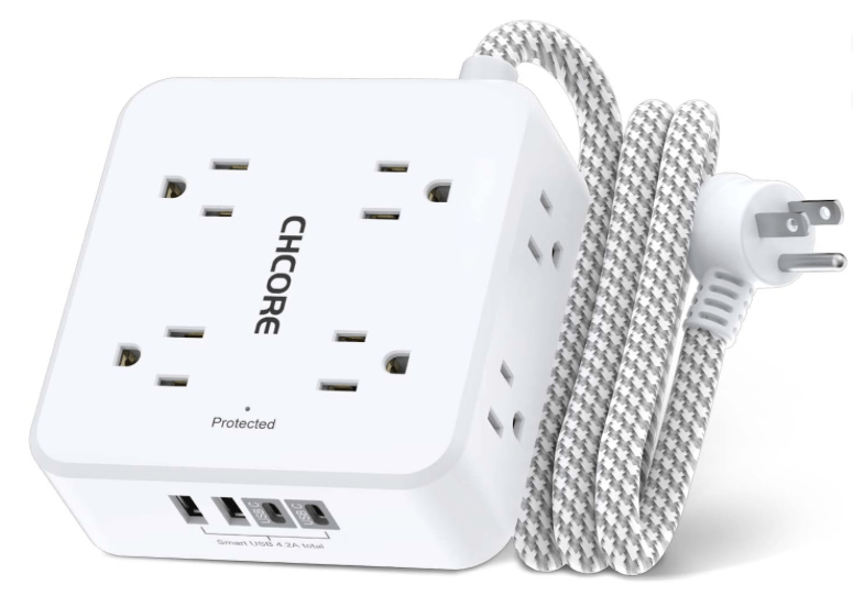 A CHCORE surge protector power strip with a braided 5-foot extension cord, featuring 8 outlets and 4 USB charging ports, including 2 USB-C ports.
