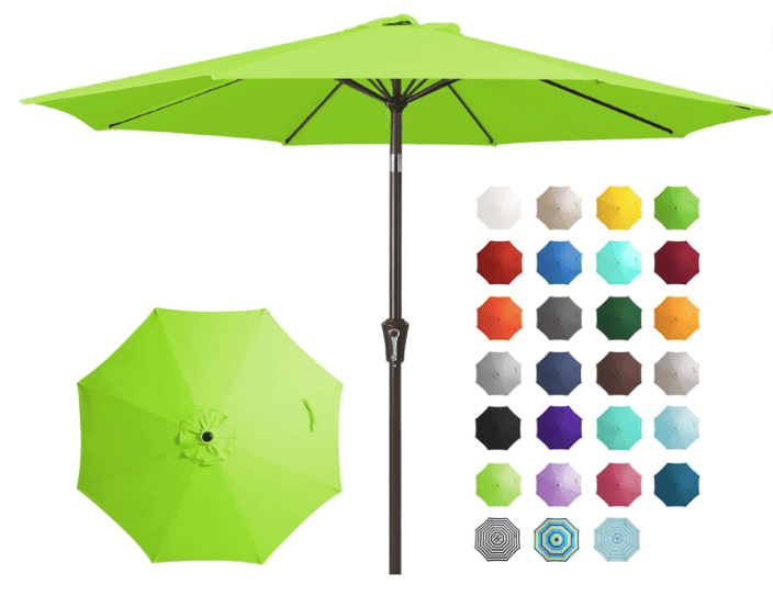 A 9FT outdoor patio umbrella in apple green, featuring a push button tilt and crank mechanism, alongside a color palette of various umbrella options.